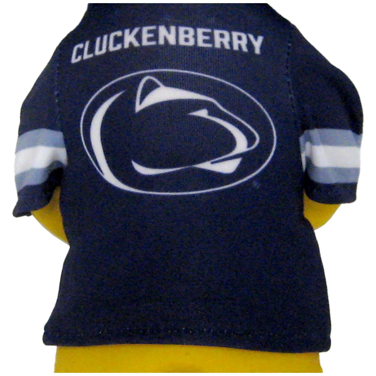 back of jersey on rubber chicken with Cluckenberry above Penn State Athletic Logo
